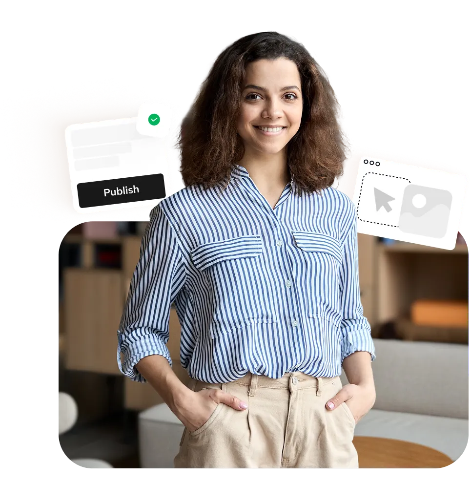 Smiling employee beside course cards, representing custom-built training that fits your culture