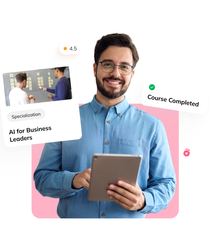 Smiling learner holding a tablet beside AI for Business Leaders and course completed cards
