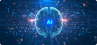 Glowing AI brain on a circuit background, representing AI and digital transformation courses