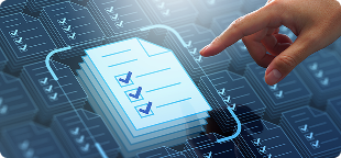 Hand touching a digital compliance checklist, representing the compliance and risk management course library