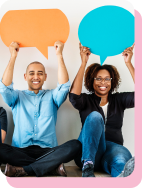 Two smiling people holding up speech bubbles as enthusiastic brand champions