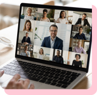 Laptop showing a video call with many partners, keeping communication streamlined