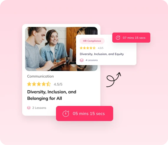Auzmor Learn microlearning course cards on diversity and inclusion with short 5 to 7 minute durations