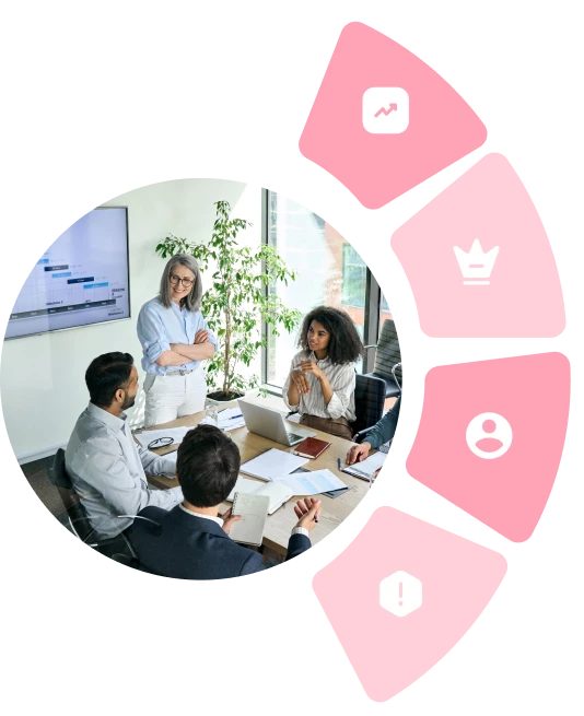 Partners in a product training meeting, framed by icons for growth, excellence, people and support
