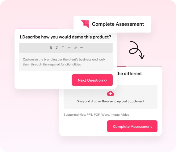 Auzmor Learn assessment asking partners to describe a product demo, with file upload and submit