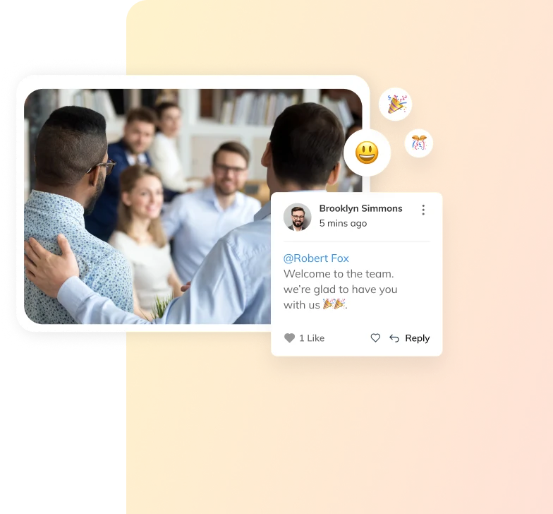 Auzmor Office recognition: a team meeting with a welcome post and reactions from colleagues