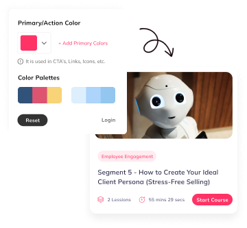 Auzmor Learn branding settings for primary colour and palettes, applied to a course storefront card