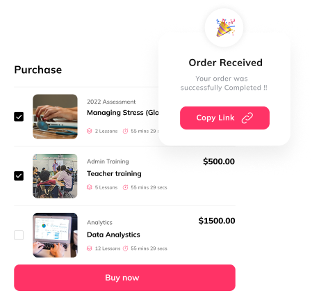 Auzmor Learn bulk course purchase cart with several courses and an order received confirmation