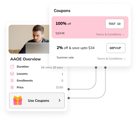 Auzmor Learn course checkout offering discount coupons such as 100% off