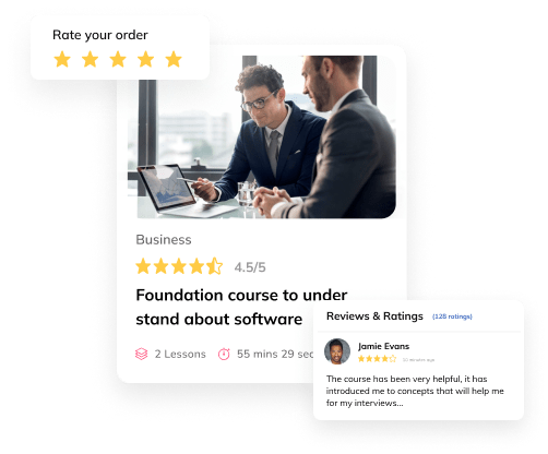 Auzmor Learn course card with a 4.5 star rating, order rating prompt and learner review