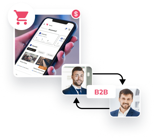 Online course store on a phone connected to B2B buyers, selling courses to multiple audiences
