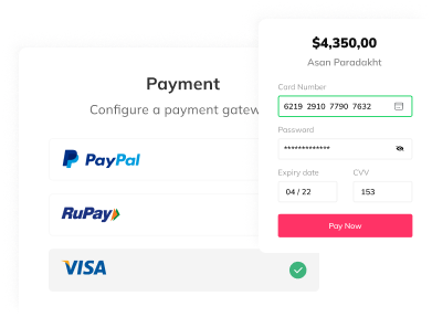 Auzmor Learn payment settings with PayPal, RuPay and Visa options and a card checkout form