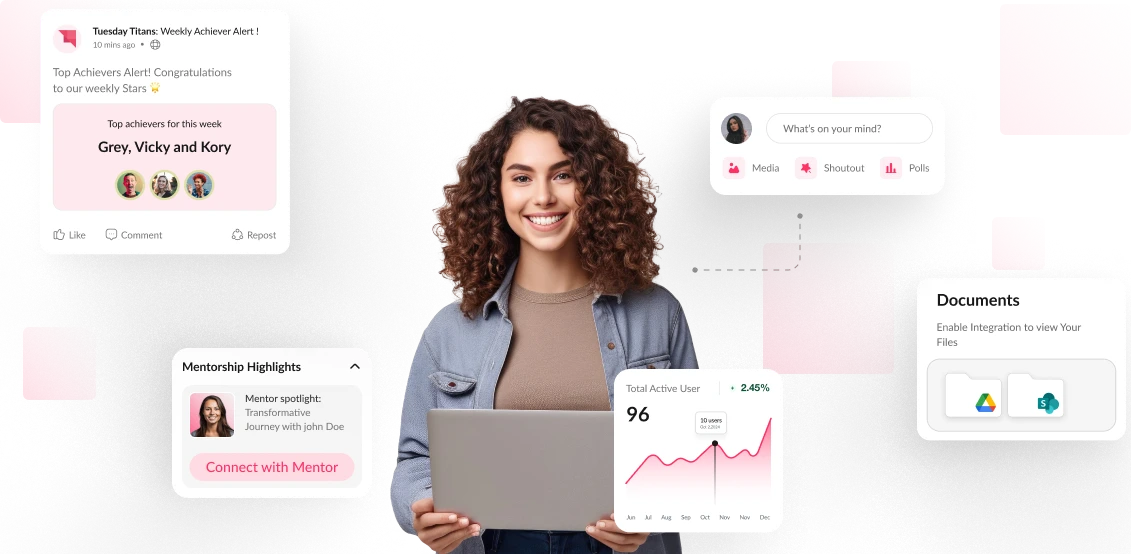 Auzmor LXP personalised learning: a learner with her course feed, recommendations, progress chart and documents