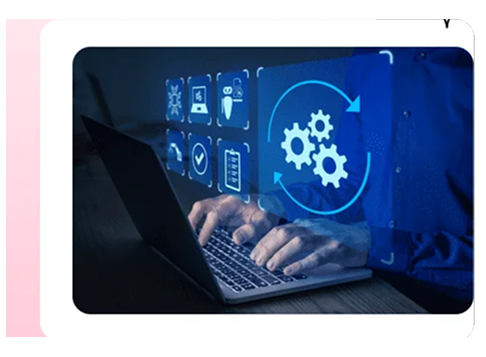 Hands typing on a laptop with digital workflow and settings icons
