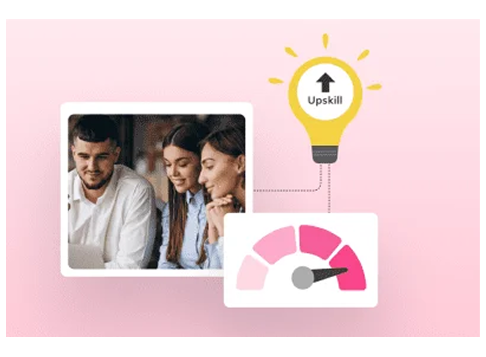 Colleagues working together next to an upskill light bulb and a progress gauge