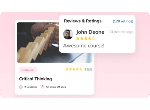 Critical Thinking course card with a 4.5 rating and a learner review saying Awesome course