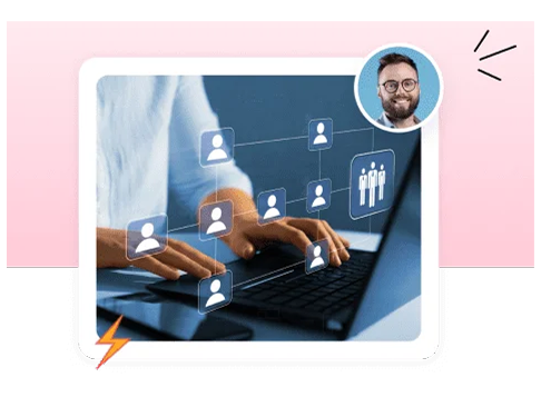 Hands on a laptop with a network of employee icons, showing a growing team