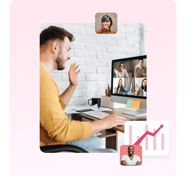 Man on a video call with colleagues next to a rising chart
