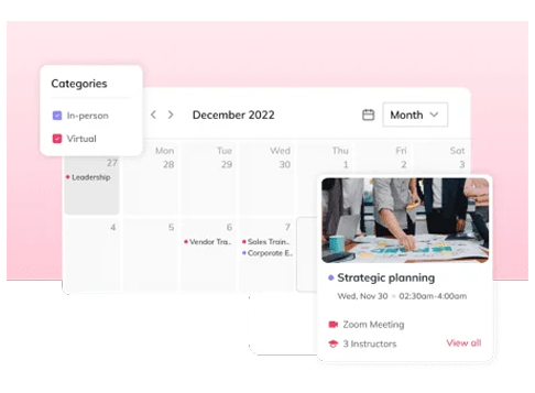 Training calendar showing in-person and virtual sessions with a strategic planning event