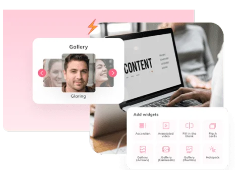 Content authoring screen with an image gallery and interactive widgets