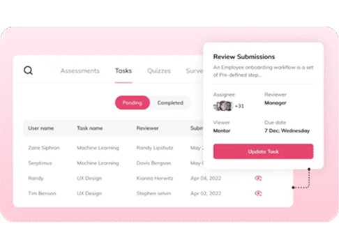 Task review screen listing assessments with a review submissions panel