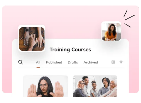 Training courses library screen with course thumbnails and learner photos