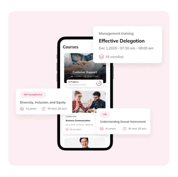 Mobile app showing courses including Effective Delegation