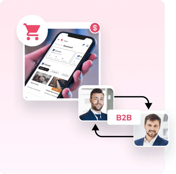 Phone with an online course store and two business people trading courses, B2B