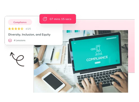 Compliance course card with a timer next to a laptop showing a compliance training screen