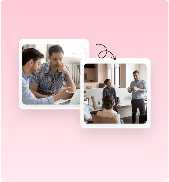 Two photos of colleagues collaborating and presenting at work