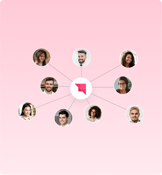 Network of employee profile photos connected around the Auzmor logo