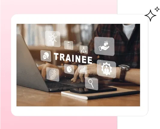 Hands on a laptop with Trainee and learning icons