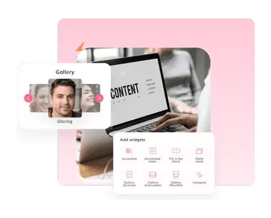 Content authoring screen with an image gallery and interactive widgets