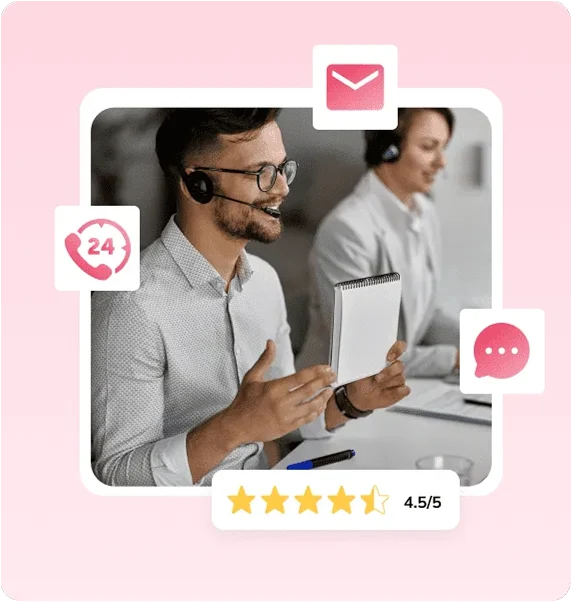 Support agents on headsets with a 24-hour badge and a 4.5 out of 5 rating