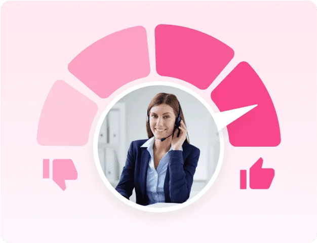 Customer support agent on a headset inside a satisfaction gauge