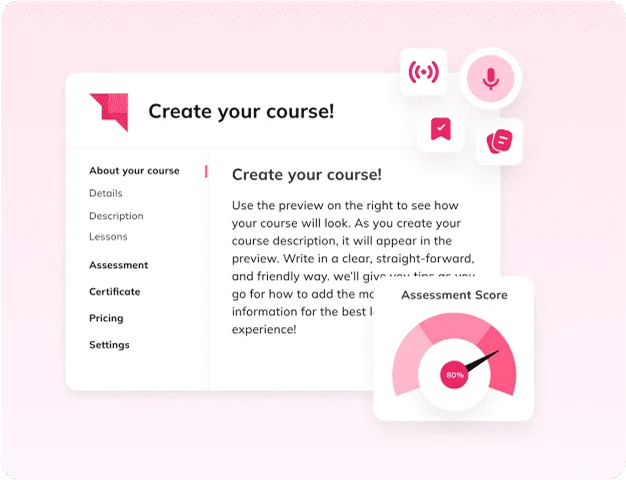 Create your course screen in Auzmor Learn with an assessment score gauge