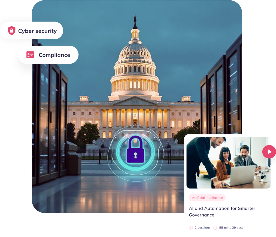 Government capitol building protected by a secure padlock, with cyber security and compliance notification cards