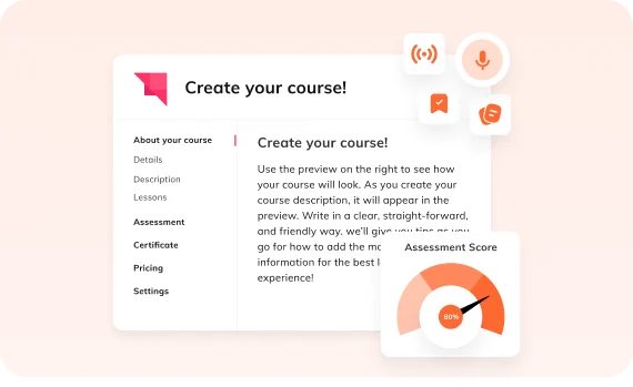 Auzmor Learn course builder screen with an assessment score gauge
