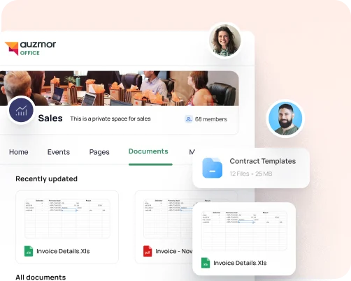 Auzmor Office intranet showing a Sales team space with shared documents and contract templates