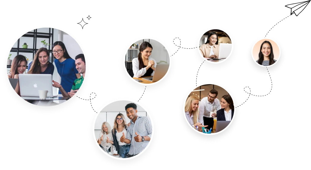 Collage of Auzmor team members collaborating at laptops, linked by a dotted path
