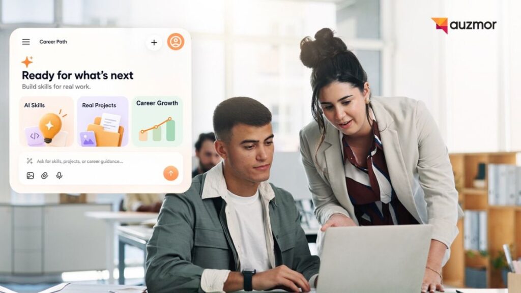 Student and mentor looking at a laptop next to an app screen showing a career path with AI skills, real projects and career growth
