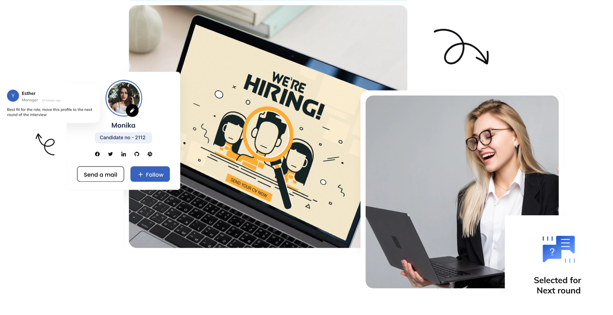 Laptop showing a We are hiring careers page next to a candidate working on her laptop