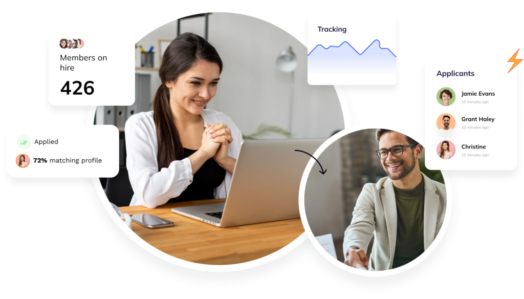 Recruiter and candidate on laptops with Auzmor Hire cards for applicants, tracking and members on hire