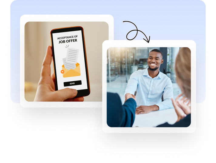 Job offer accepted on a phone, followed by a handshake welcoming the new hire