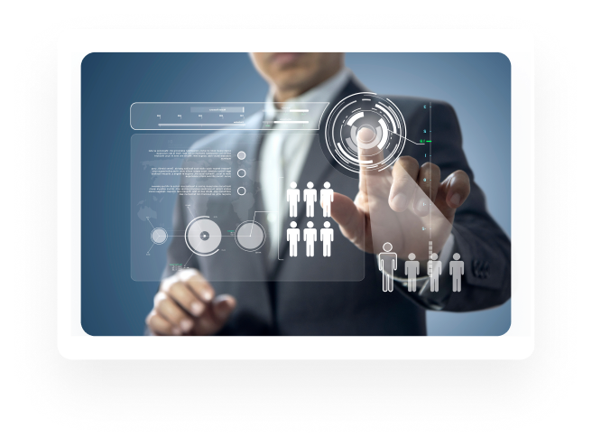 Businessman tapping a digital interface of employee icons to analyze talent needs