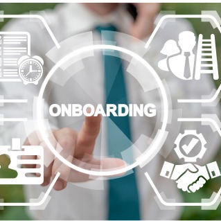 Onboarding concept with icons for documents, people, training and a handshake