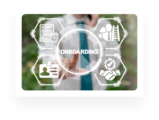 Onboarding concept with icons for documents, people, training and a handshake