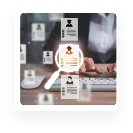 Magnifying glass highlighting one candidate profile among several on a screen