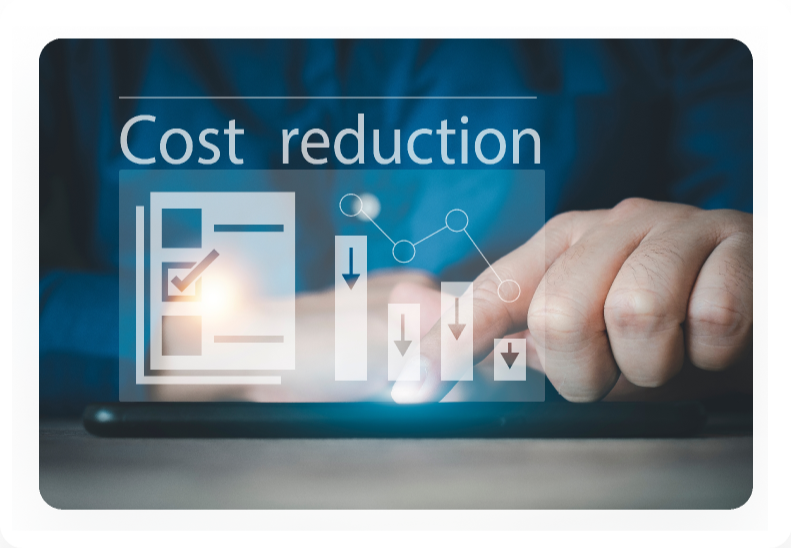 Hand pointing at a cost reduction chart on a digital screen