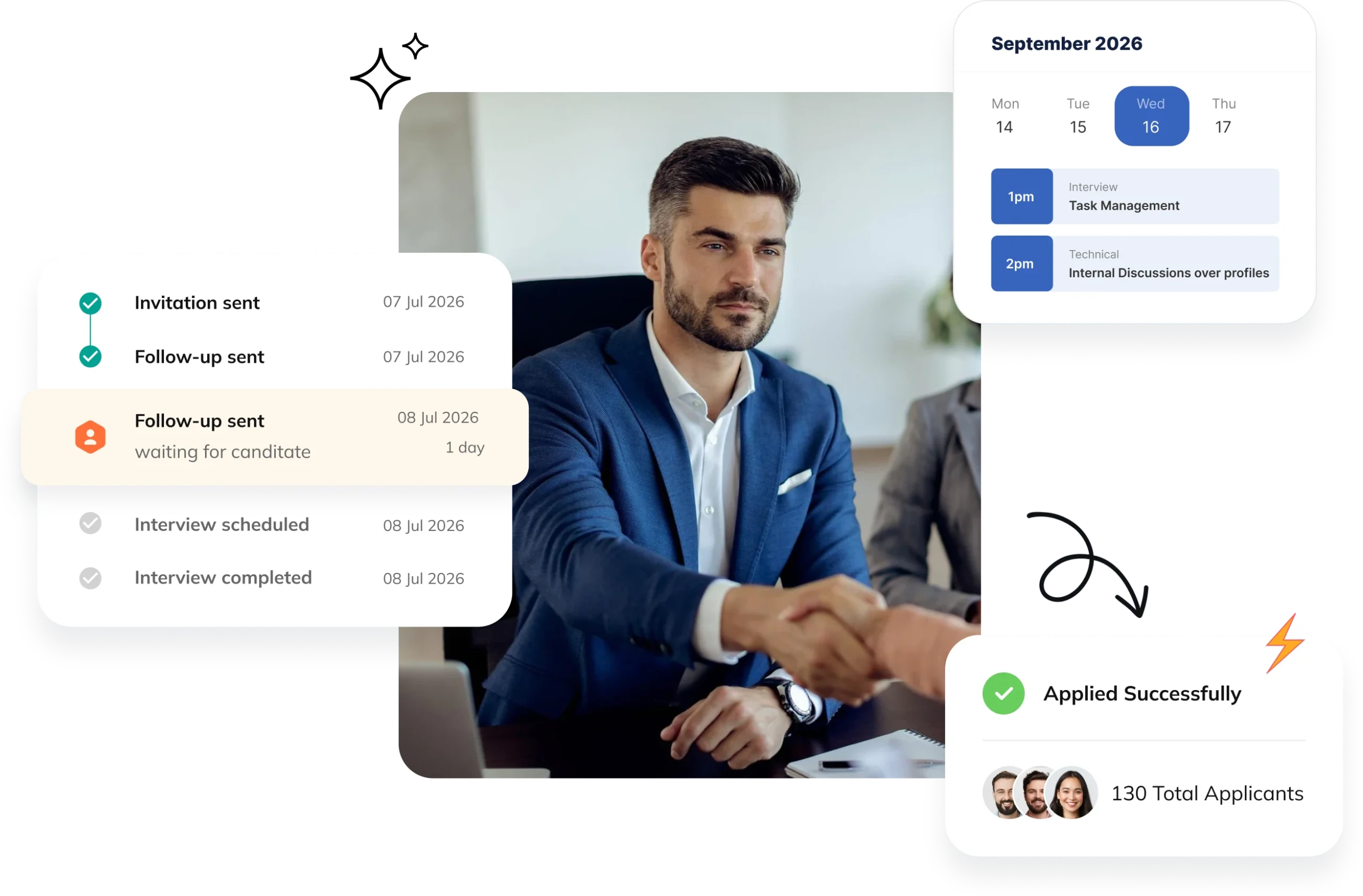 Handshake at an interview beside Auzmor Hire invitation status, calendar and applicant cards